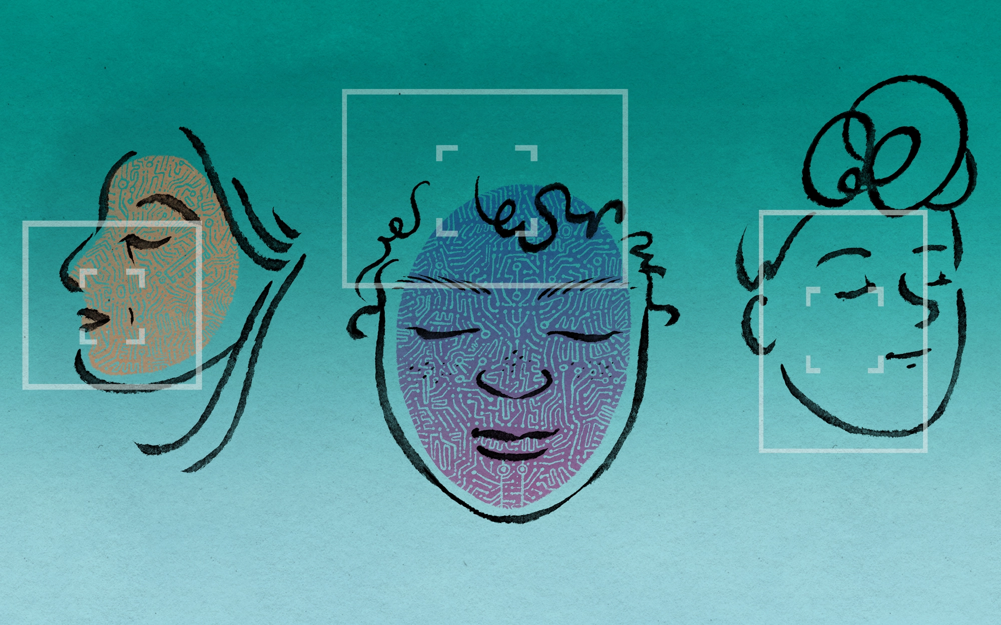 Une représentation graphique de trois personnes ayant des traits du visage différents.