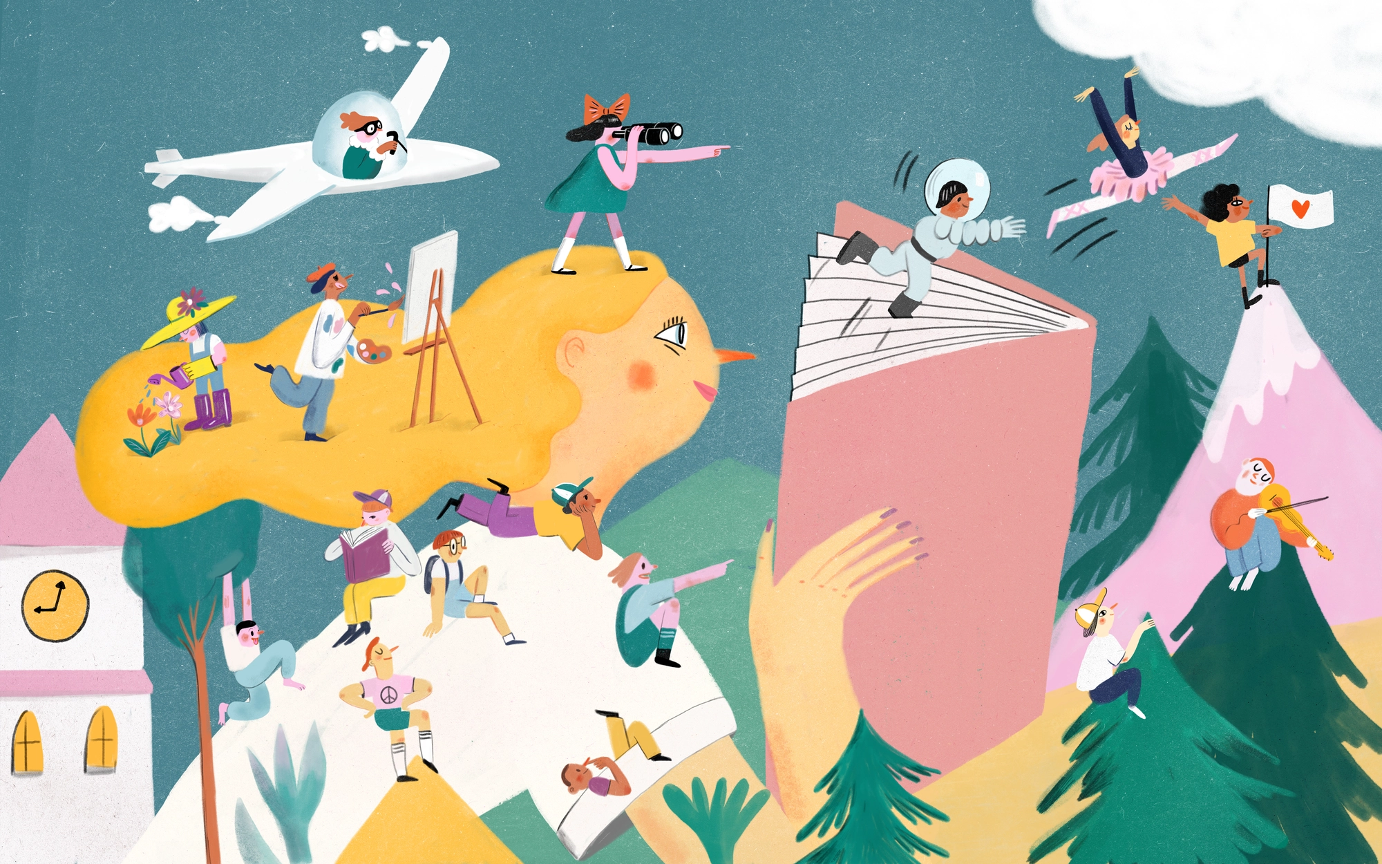 Illustration d'une fille plongée dans un livre et entourée d'autres enfants
