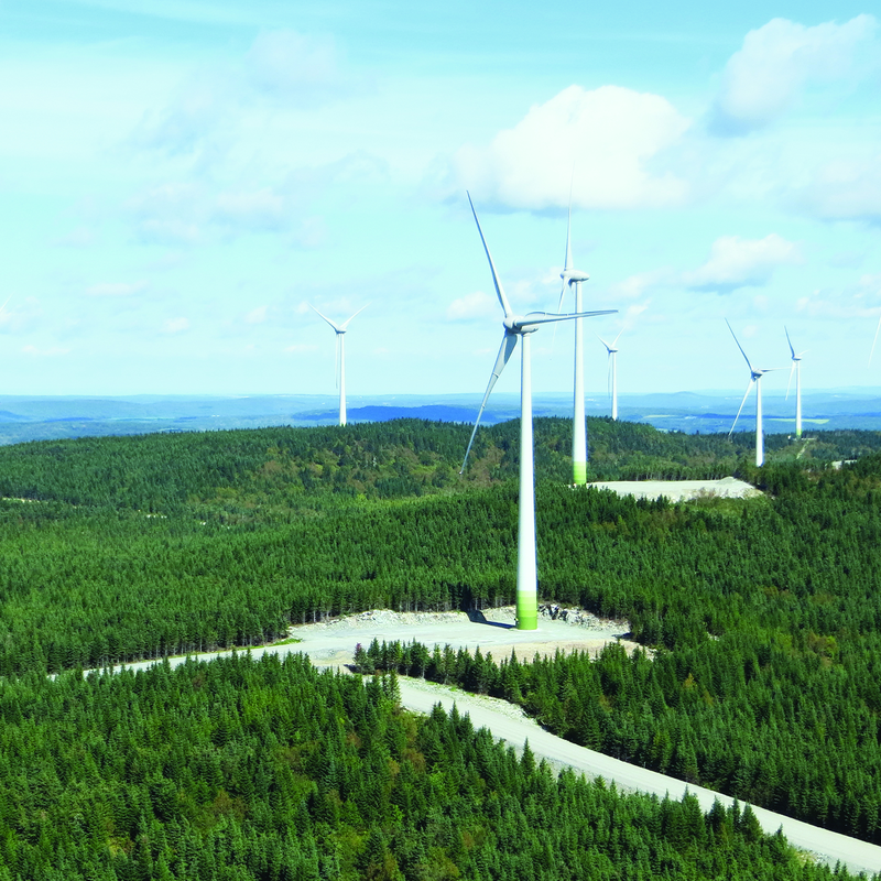 Éoliennes dans un paysage de forêt verte
